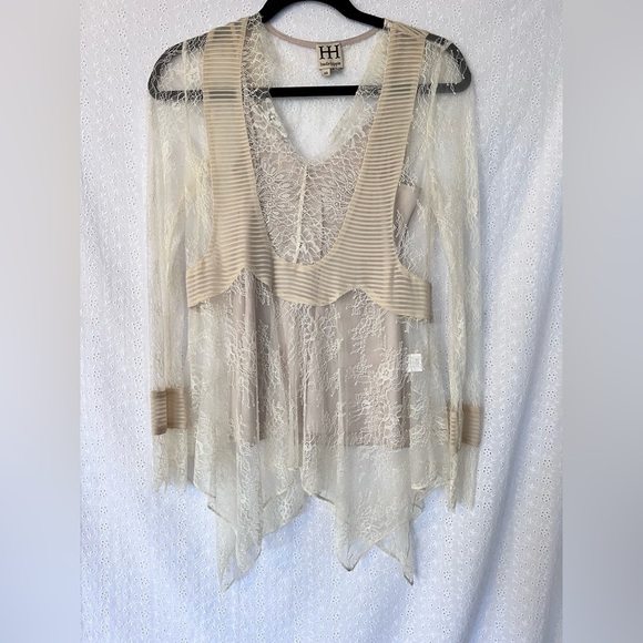 Haute Hippie Cream Chiffon Pleated Antique Lace Top size XS - Picture 2 of 6